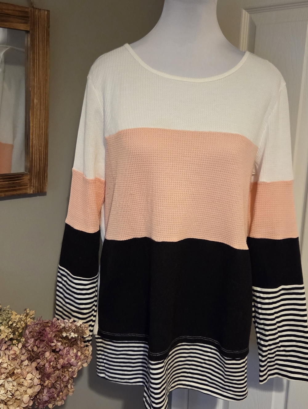 Womens Colorblock Striped Long-Sleeve Top - Pink, White & Black